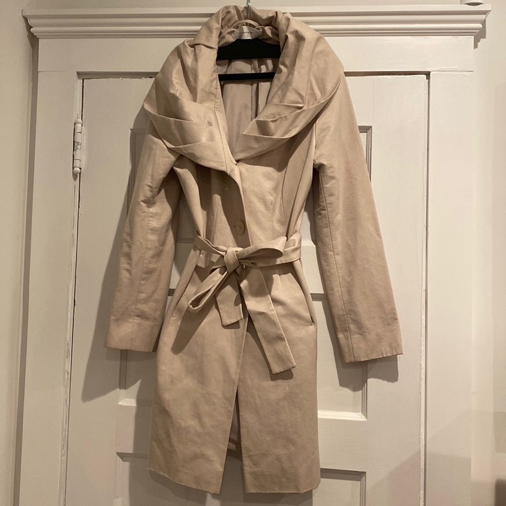 Tahari Tan Double Faced Belted In Between Season Coat. Light weight but warm.